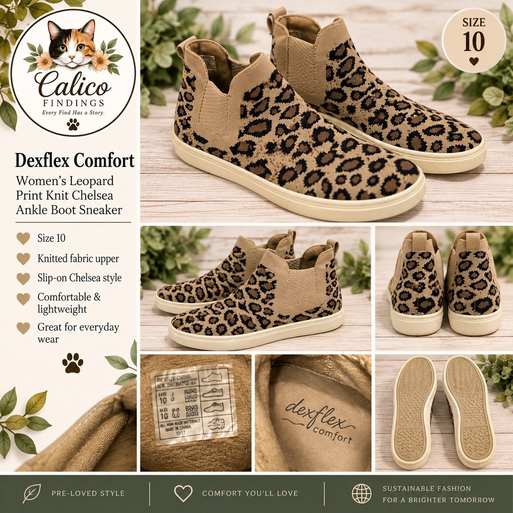 Dexflex Comfort Womens Leopard Print Knit Chelsea Ankle Boot Sneaker Tan Size 10